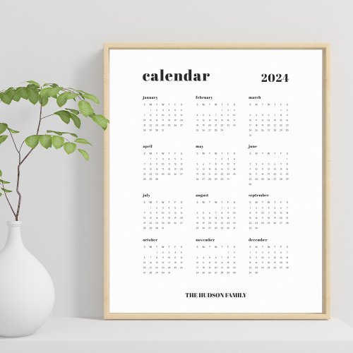 SImple Bold  Black and White 2024 Calendar Poster