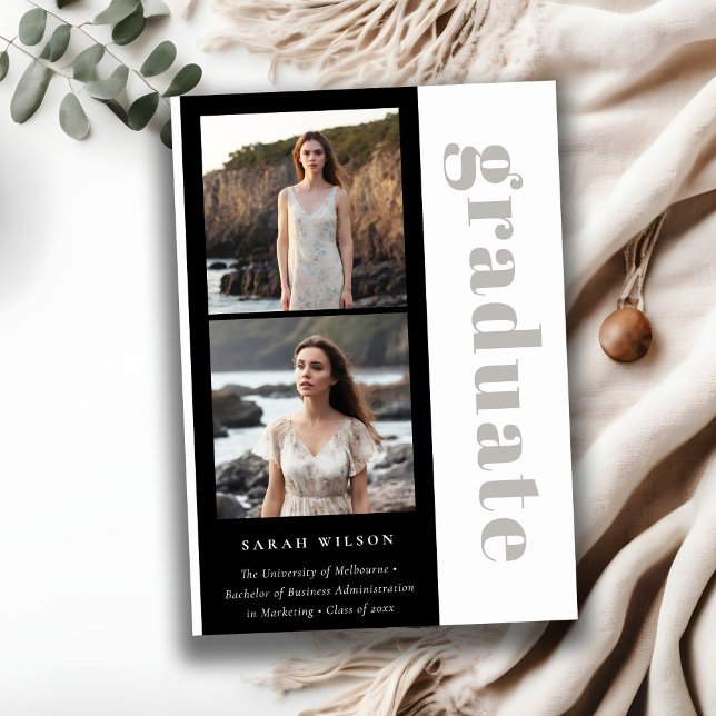 Simple Bold Black & White 2 Photo Graduation Announcement (Creator Uploaded)