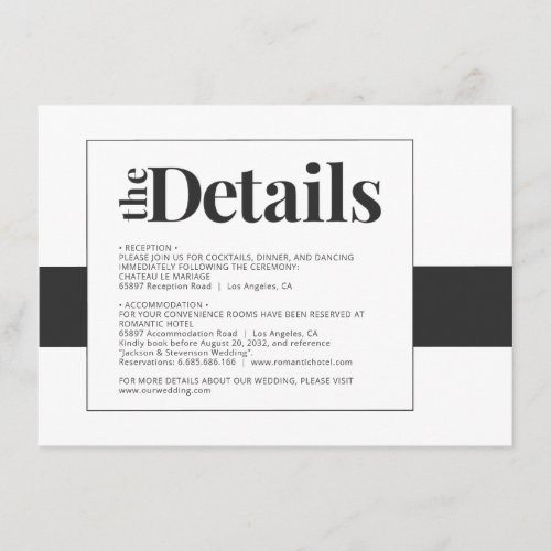 Simple bold black  white minimal wedding details enclosure card