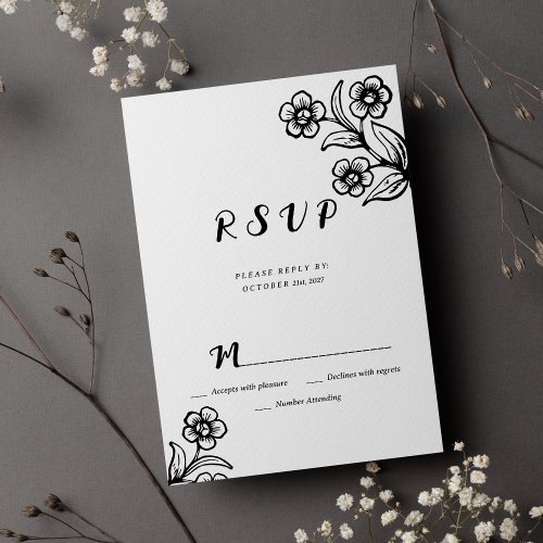 Simple bold black white typography floral RSVP  Invitation