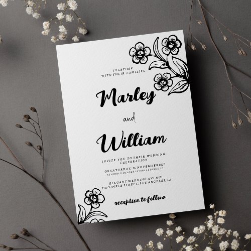Simple bold black white typography floral Wedding  Invitation