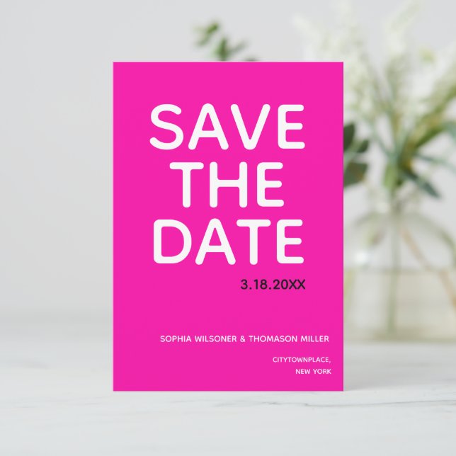 Simple Bold Bright Pink Typography Save The Date (Standing Front)