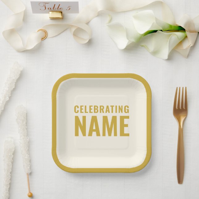 Simple Bold Elegant Ecru Gold Celebration of Life  Paper Plates (Wedding)