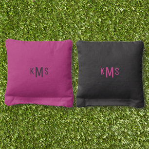 Simple Bold Font Monogram Black & Hot Pink Cornhole Bags