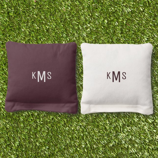 Simple Bold Font Monogram Maroon & White Cornhole Bags (Grass)