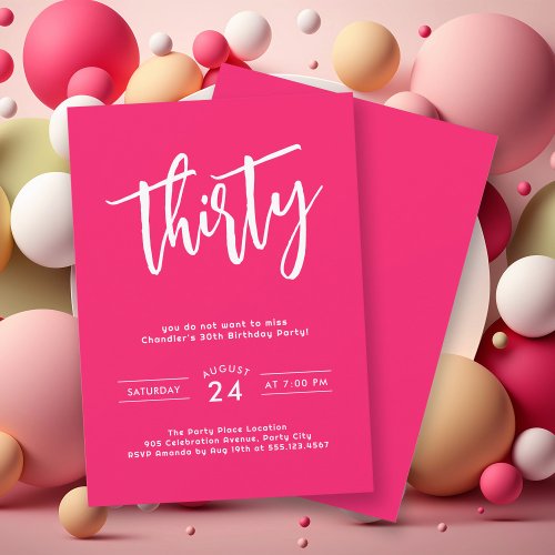 Simple Bold Hot Pink 30th Birthday Party Invitation