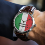 Simple Bold Italian Flag Personalized  Watch<br><div class="desc">A watch that proudly showcases the green, white, and red hues of the Italian flag, with clearly marked numbers ensuring easy readability. What sets this timepiece apart is its bold black type for personalization, allowing customers use names, dates, or sentiments of significance. The watch comes in a variety of styles,...</div>