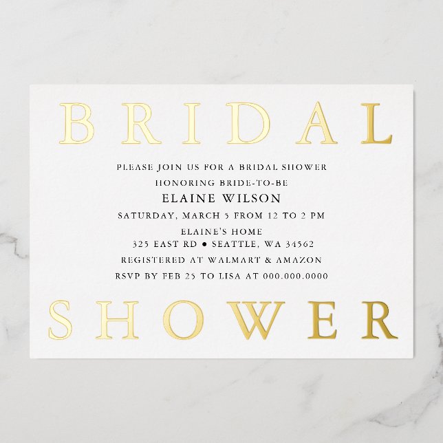 Simple Bold Letters Modern Bridal Shower  Foil Invitation (Front)