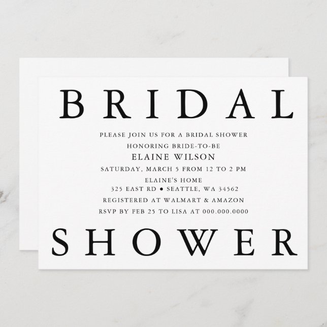 Simple Bold Letters Modern Bridal Shower Invitation (Front/Back)