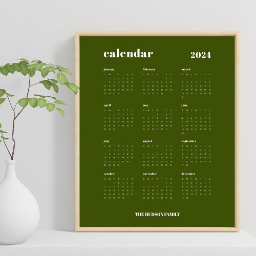 Simple Bold  Olive Green  White 2024 Calendar Poster