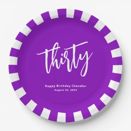 Simple Bold Purple and White 30th Birthday Party Paper Plates