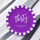 Simple Bold Purple and White 30th Birthday Party Paper Plates<br><div class="desc">It's time to party to celebrate a 30th birthday bash with this modern and bold birthday party plate. This simple stylish design has a colorful purple background with white handwritten script accents blended with a modern sans serif font. The plate is bordered in a coordinating purple and white stripes pattern....</div>