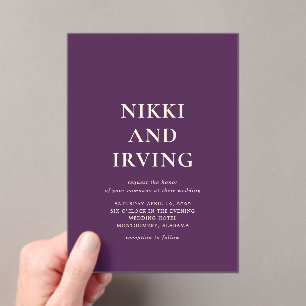 Simple Bold Purple Modern Wedding Acrylic Invitations
