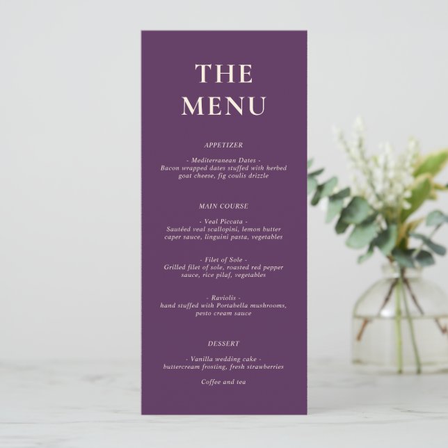 Simple Bold Purple Modern Wedding Menu (Standing Front)