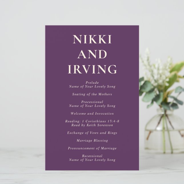 Simple Bold Purple Modern Wedding Program (Standing Front)