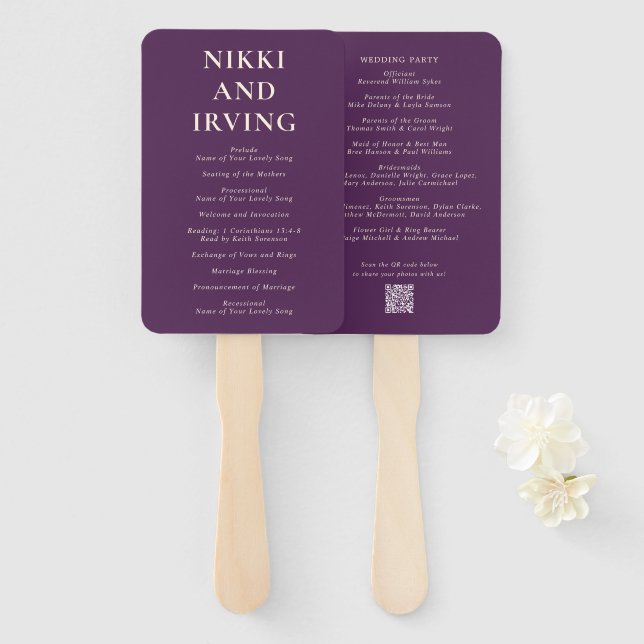 Simple Bold Purple Modern Wedding Program Hand Fan (Front and Back)