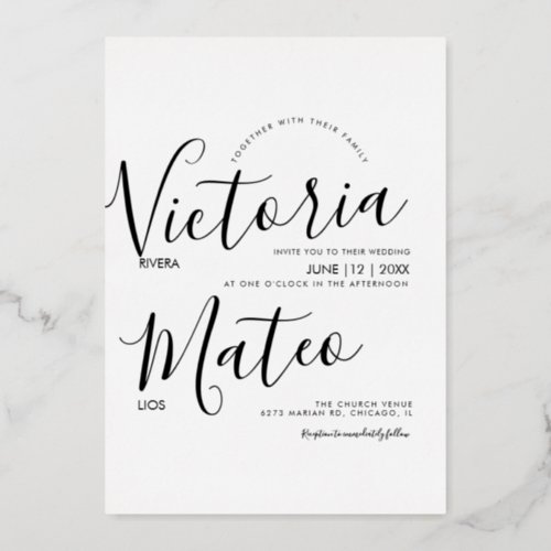 Simple Bold Script Typography Black White Wedding  Foil Invitation