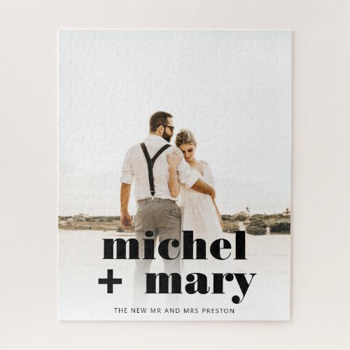 Simple bold script typography names wedding photo jigsaw puzzle