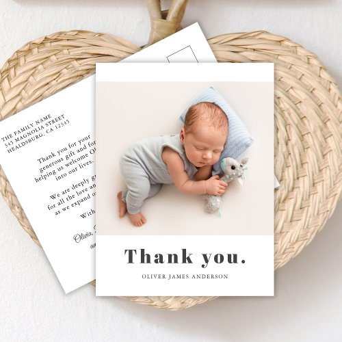 Simple Bold Typography Baby Photo Thank You Postcard