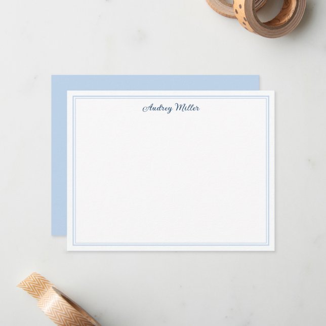 Simple Border Blue Script Personalized Note Card (Front/Back In Situ)