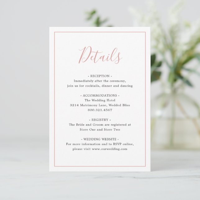 Simple Border Blush Pink Elegant Wedding Enclosure Card (Standing Front)