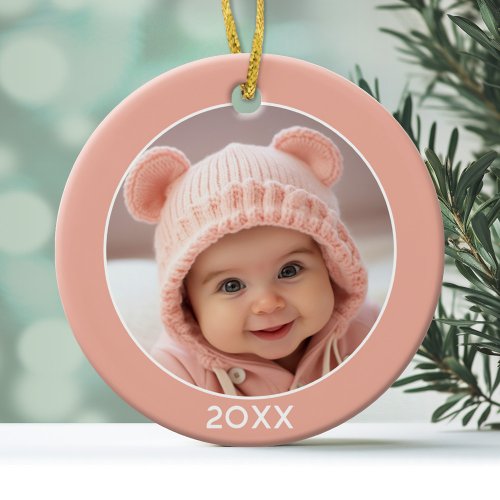 Simple Border with Photo and Year Coral Pink Girl Ceramic Ornament