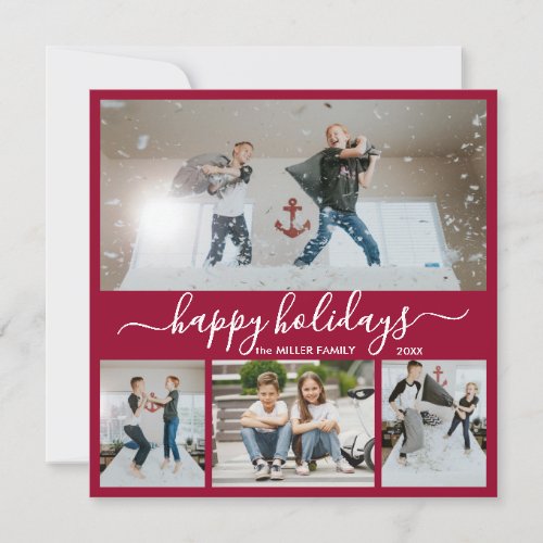 Simple Bordo White 4 Photo Collage Happy Holiday Card