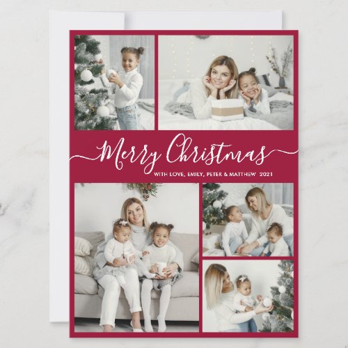 Simple Bordo White 5 Photo Collage Christmas Holiday Card