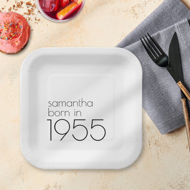 Simple Born in 1955 Black 70th Birthday Party Paper Plates (Creator Uploaded)