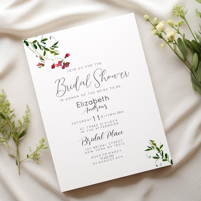 Simple botanic pink red green flora Bridal Shower  Invitation (Simple botanic pink red green flora Bridal Shower)