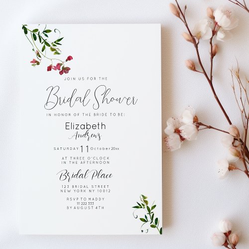 Simple botanic pink red green flora Bridal Shower  Invitation