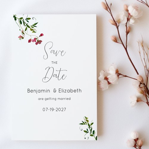 Simple botanic pink red green flower Save the Date Invitation
