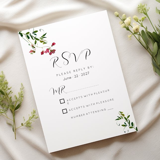 Simple botanic pink red green flowers RSVP Invitation (Simple botanic pink red green flowers RSVP)