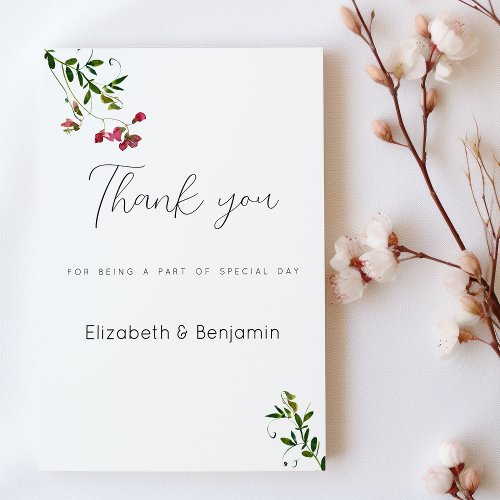 Simple botanic pink red green flowers Thank You Invitation