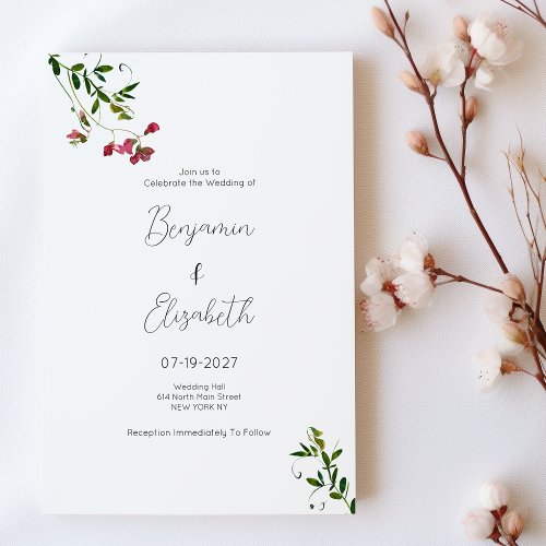 Simple botanic pink red green flowers Wedding  Invitation