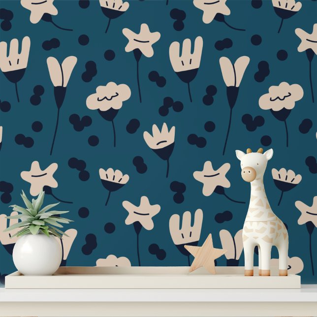 Simple Botanical Abstract Flowers Blue Pattern Wallpaper (Creator Uploaded)