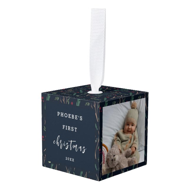 Simple Botanical Baby's First Christmas Photo Cube Ornament (Front Angled)