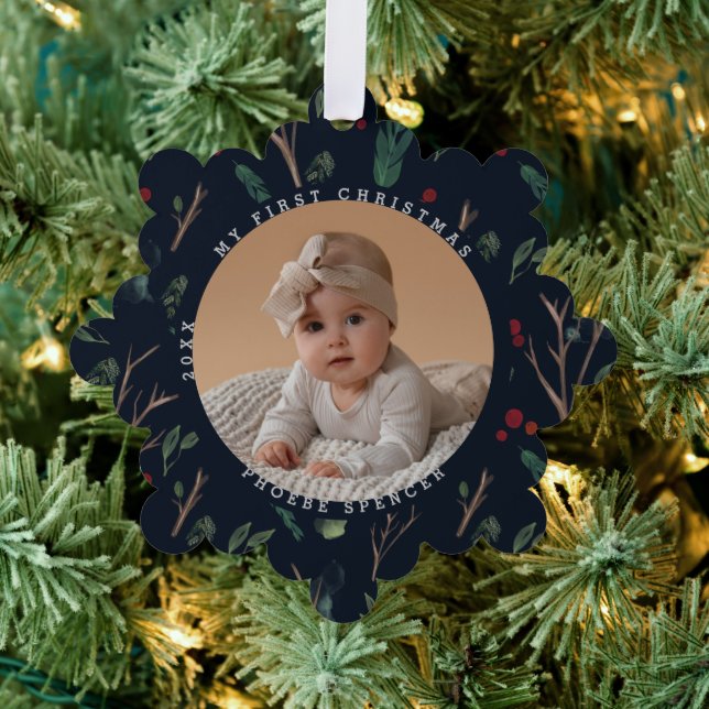 Simple Botanical Baby's First Christmas Photo Ornament Card (Insitu (Tree))