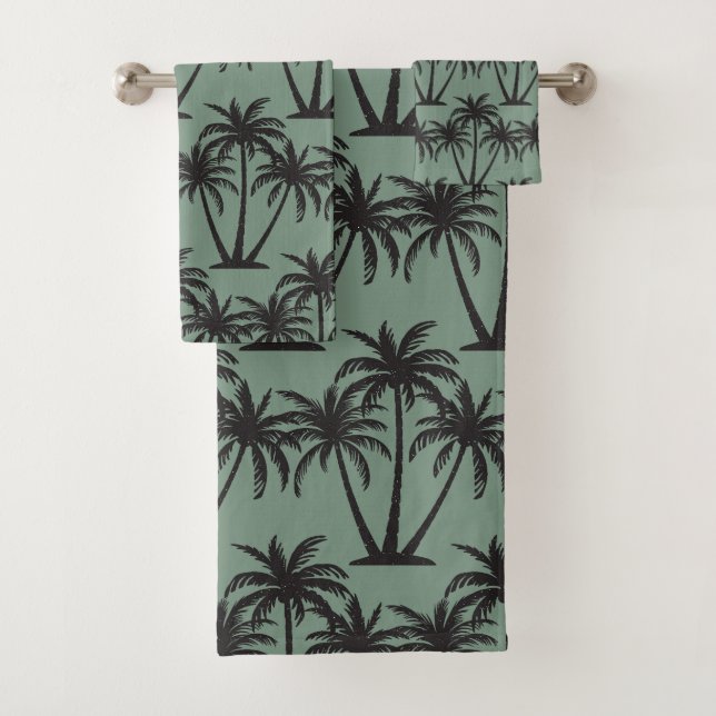 Simple Botanical Black Palm Trees on Laurel Green Bath Towel Set (Insitu)