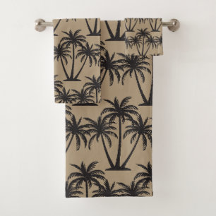Simple Botanical Black Palm Trees on Lucky Beige Bath Towel Set