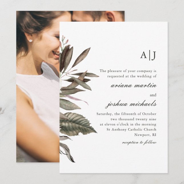 Simple Botanical Bouquet with Monograms Photo Invitation (Front/Back)