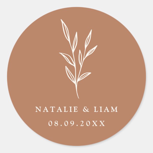 Simple Botanical Burnt Orange Wedding Classic Roun Classic Round Sticker (Front)