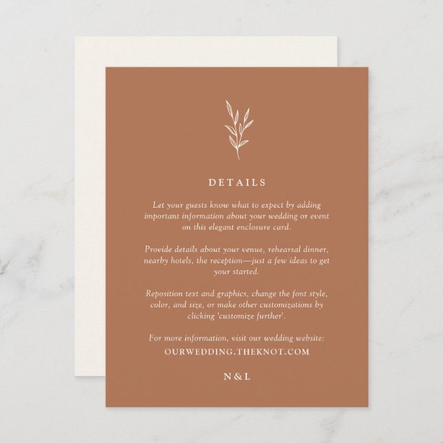 Simple Botanical Burnt Orange Wedding Details Encl Enclosure Card (Front/Back)
