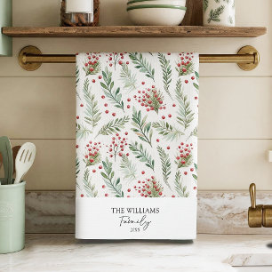 Simple Botanical Christmas Family Name Kitchen Towel