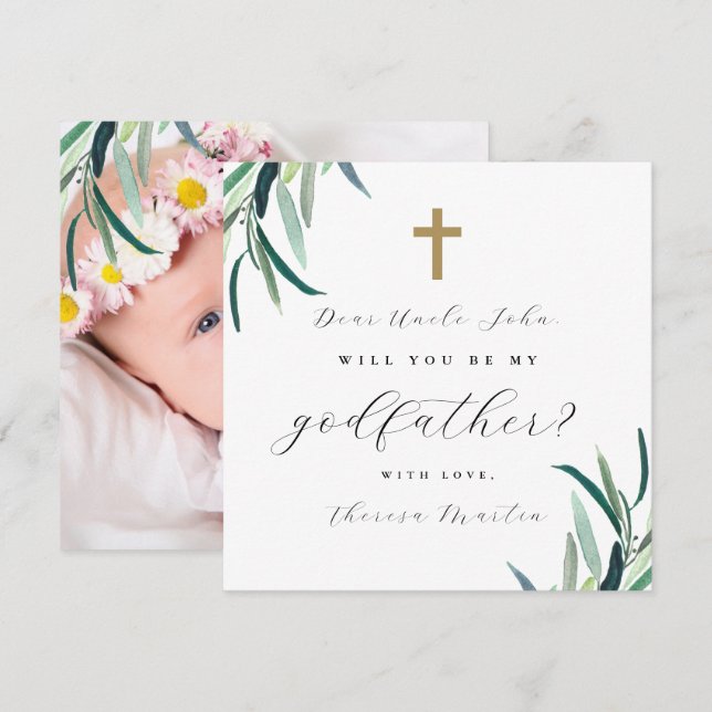 Simple Botanical Cross Godfather Proposal Photo Invitation (Front/Back)