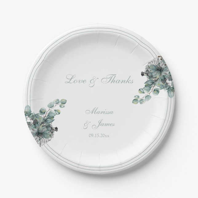Simple Botanical Floral Love and Thanks Wedding Paper Plates (Front)