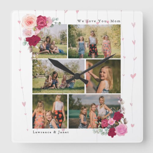 Simple Botanical Floral Mom 6 Photo Collage gifts Square Wall Clock