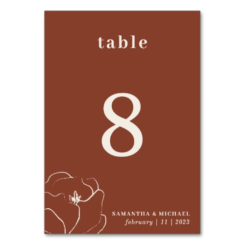 Simple Botanical Floral Sketch Terracotta seating Table Number