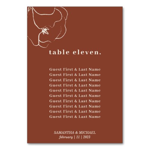 Simple Botanical Floral Terracotta guest name seat Table Number