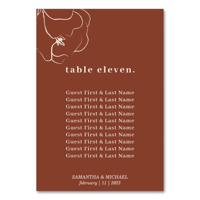 Simple Botanical Floral Terracotta guest name seat Table Number (Front)